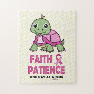 Faith an Patience: Breast Cancer Pink Green Turtle Jigsaw Puzzle