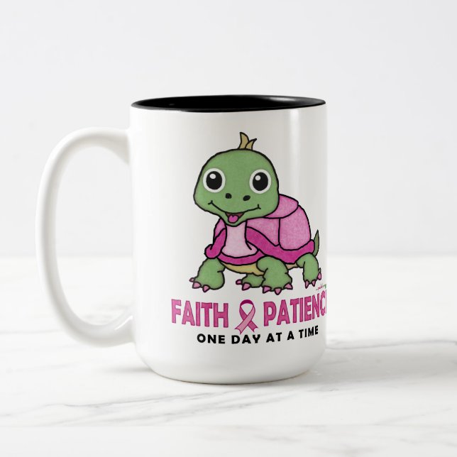 Faith an Patience: Breast Cancer Pink Green Turtle Two-Tone Coffee Mug (Left)