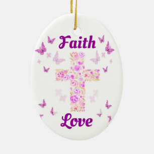 Faith and Love Cross of Roses with Pink Butterflie Ceramic Tree Decoration