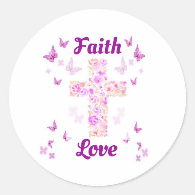 Faith and Love Cross of Roses with Pink Butterflie Classic Round Sticker (Front)