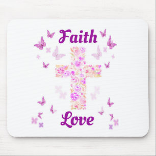 Faith and Love Cross of Roses with Pink Butterflie Mouse Mat