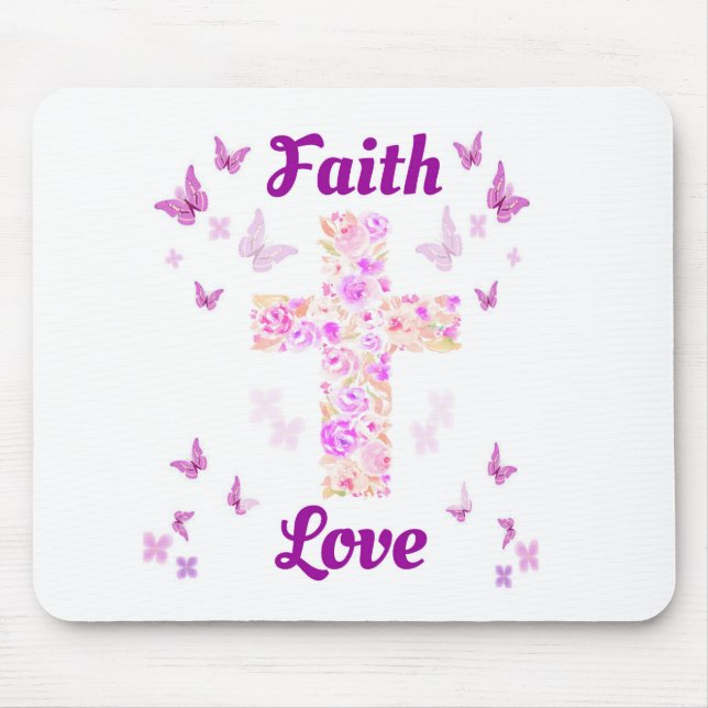 Faith and Love Cross of Roses with Pink Butterflie Mouse Mat (Front)