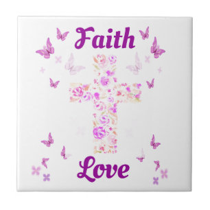 Faith and Love Cross of Roses with Pink Butterflie Tile