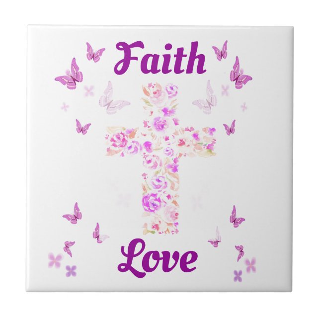 Faith and Love Cross of Roses with Pink Butterflie Tile (Front)
