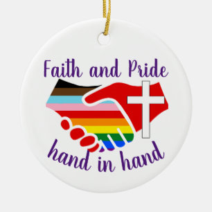 Faith and Pride hand in hand Rainbow Pride Cross Ceramic Tree Decoration