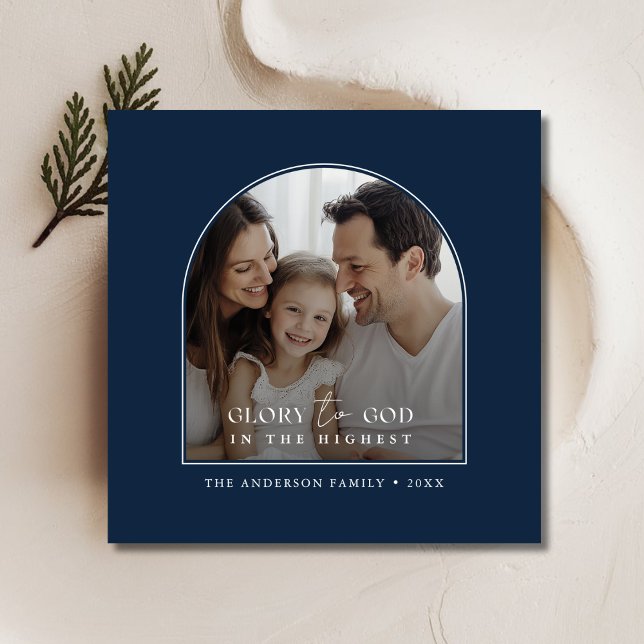 Faith Based Glory To God Christmas Arch Photo Blue Holiday Card (Creator Uploaded)