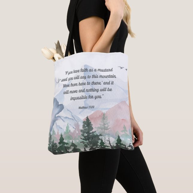 Faith Can Move Mountains Bible Verse Tote Bag (Close Up)
