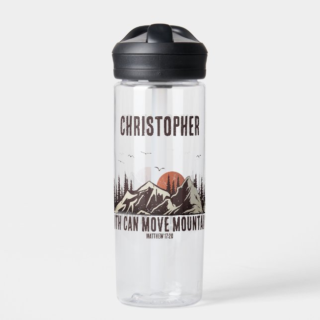 Faith Can Move Mountains Christian Gift for Him Water Bottle (Front)