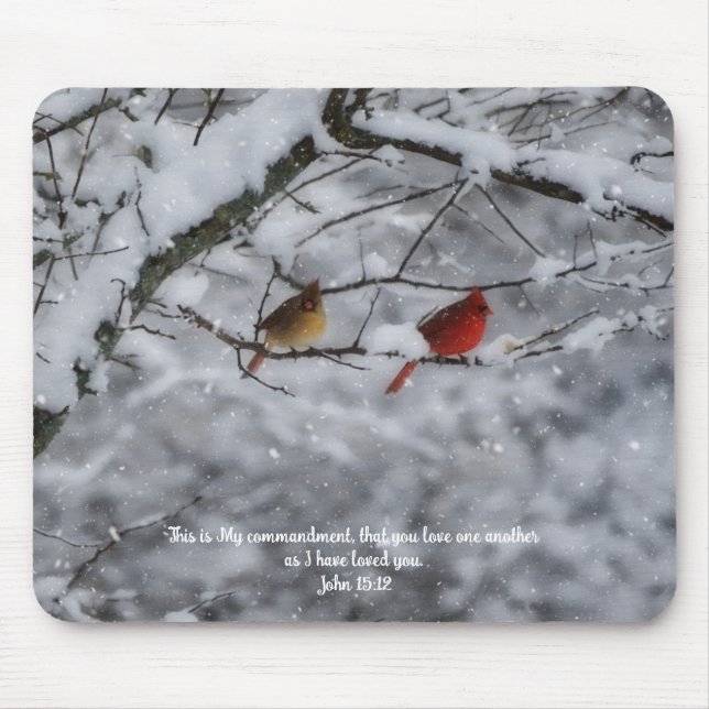 Faith Cardinal Couple in Snow Bible Verse Mouse Mat (Front)
