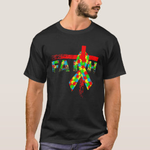 Faith Christian Cross Ribbon Puzzle Autism Awarene T-Shirt