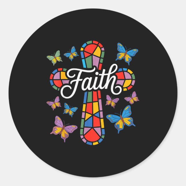 Faith Cross Butterflies And Flowers Christian  Classic Round Sticker (Front)