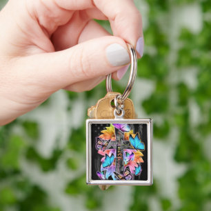 Faith Cross, butterflies and flowers Key Ring