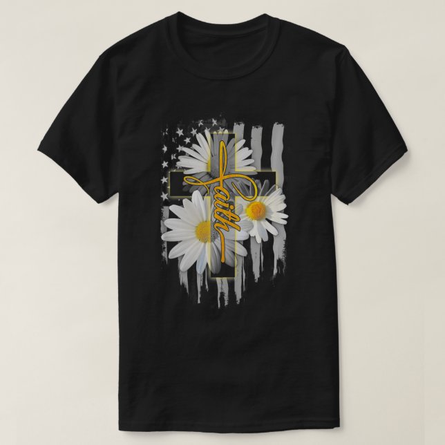 Faith Cross Casual Cross Daisy US Flag Floral  T-Shirt (Design Front)