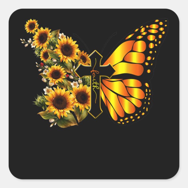 Faith Cross Sunflower Butterfly Christian Square Sticker (Front)