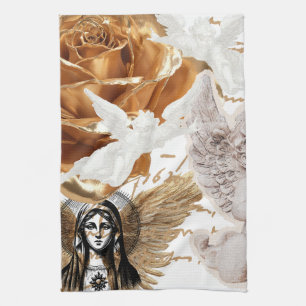 Faith Elegance Beauty White Gold Black Mother Mary Tea Towel