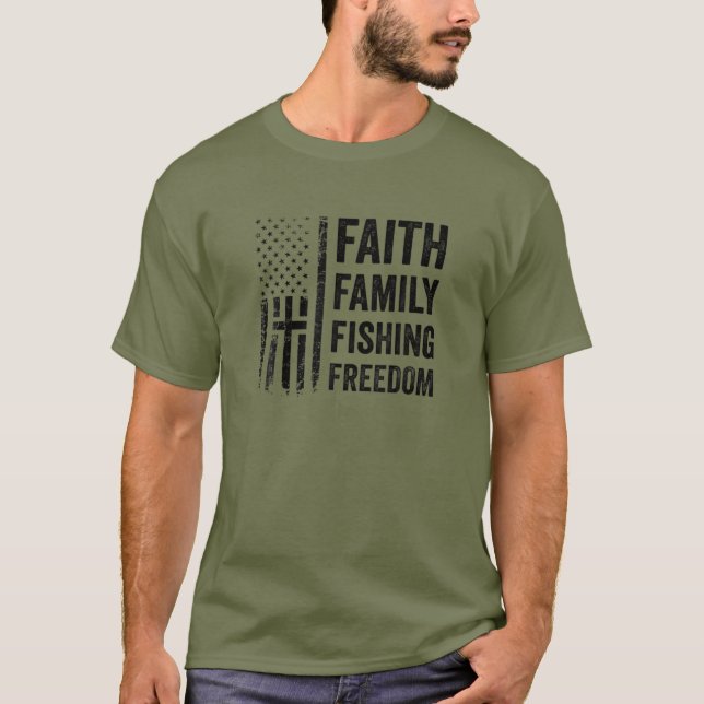 Faith Family Fishing Freedom - Funny USA Flag Bass T-Shirt (Front)