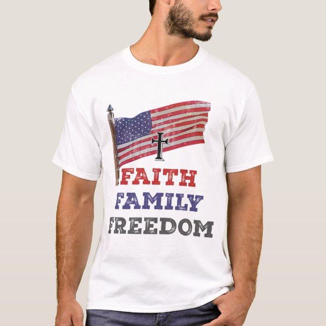Faith Family Freedom Cross With Flag T-Shirt (Front)