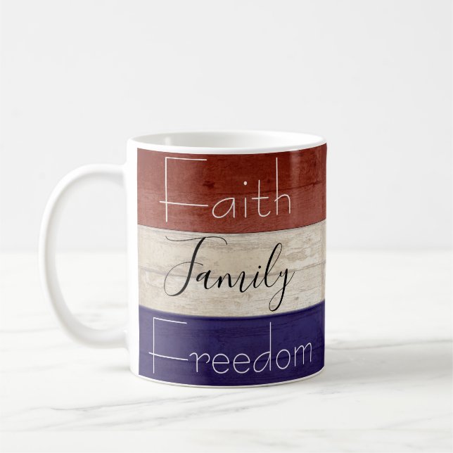Faith family freedom patriotic wood coffee mug (Left)