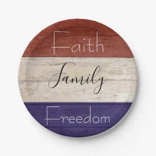 Faith family freedom patriotic wood  paper plate