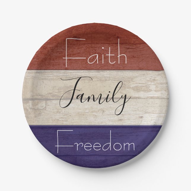 Faith family freedom patriotic wood  paper plate (Front)