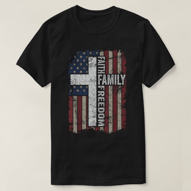 Faith Family Freedom USA Flag Cross T-Shirt (Design Front)