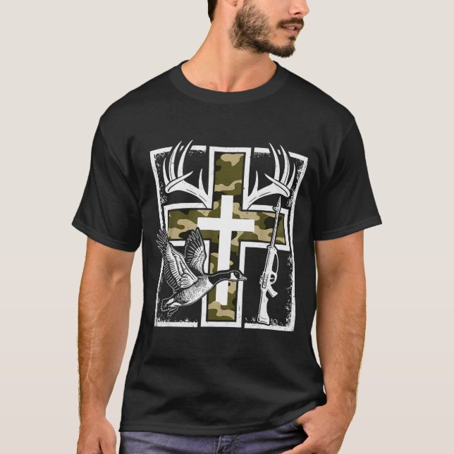 Faith Fishing Hunting Camo Cross Duck Deer Christi T-Shirt (Front)