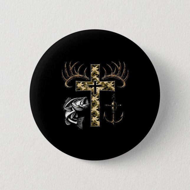 Faith Fishing Hunting Camo Cross With Hook B Chris 6 Cm Round Badge (Front)