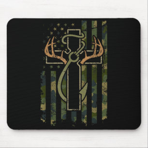 Faith Fishing Hunting Camo Us Flag Cross With Hook Mouse Mat