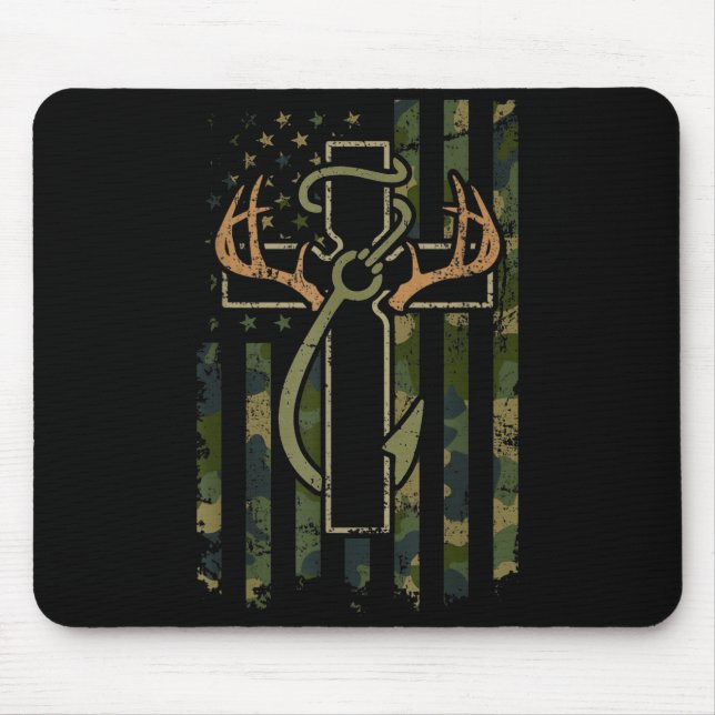 Faith Fishing Hunting Camo Us Flag Cross With Hook Mouse Mat (Front)