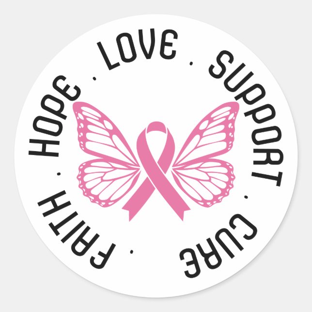Faith Hope Cure Breast Cancer Ribbon With Wings Classic Round Sticker (Front)