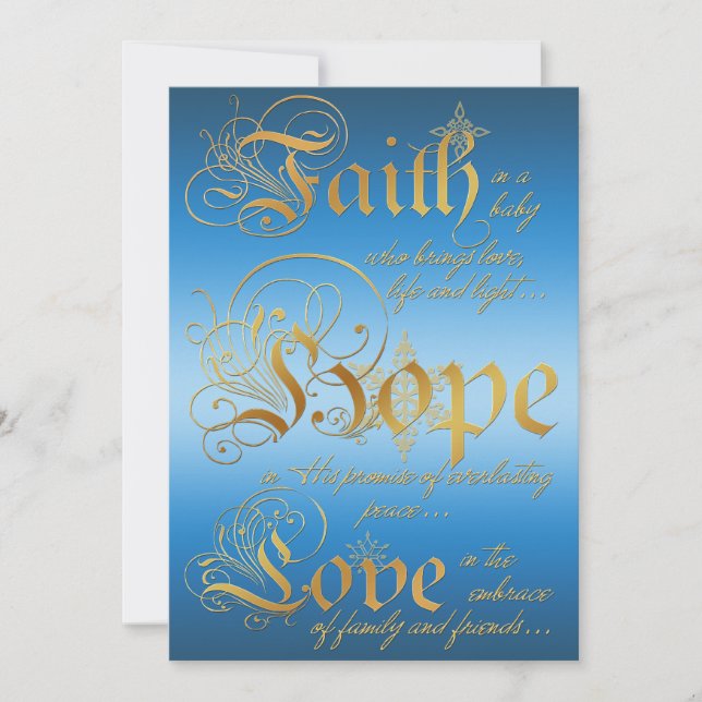 Faith, Hope, Love Blue, Gold Photo Christmas Card (Front)