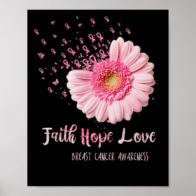 Faith Hope Love Breast Cancer Flower Pink Poster (Front)