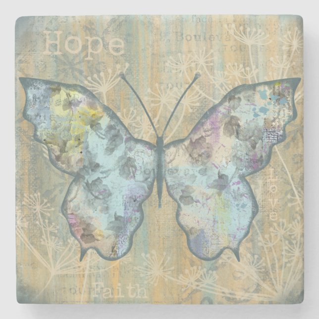"Faith, Hope, & Love" Butterfly  Stone Coaster (Front)