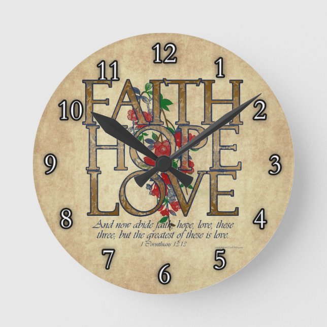 Faith Hope Love Christian Bible Verse Round Clock (Front)