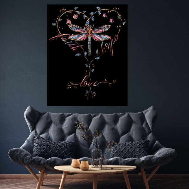 Faith Hope Love Dragonfly Floral Heart Black Poster (Creator Uploaded)