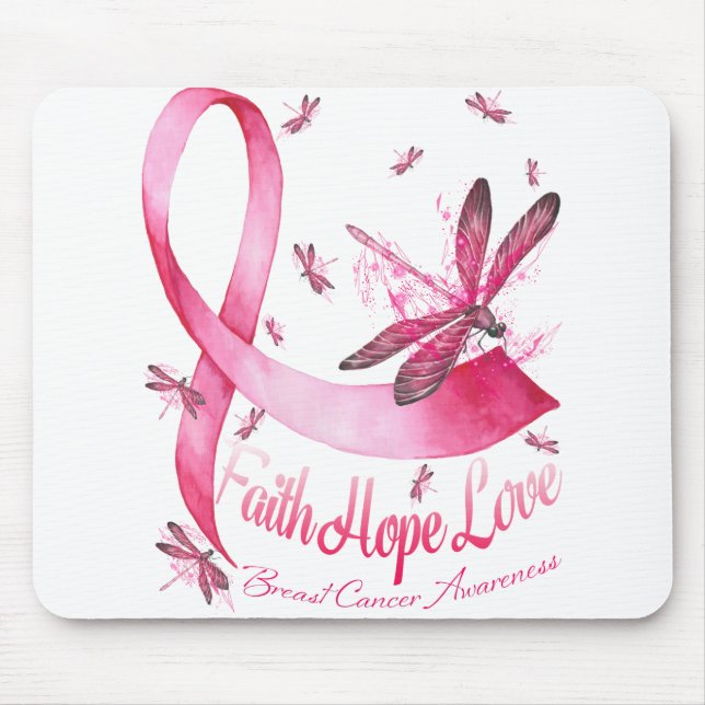 Faith Hope Love Dragonfly Pink Ribbon Breast Mouse Mat (Front)