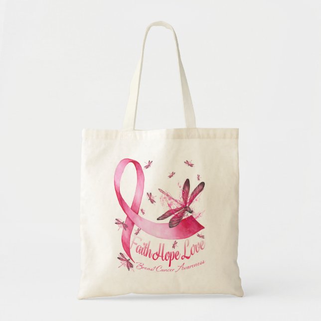 Faith Hope Love Dragonfly Pink Ribbon Breast Tote Bag (Front)