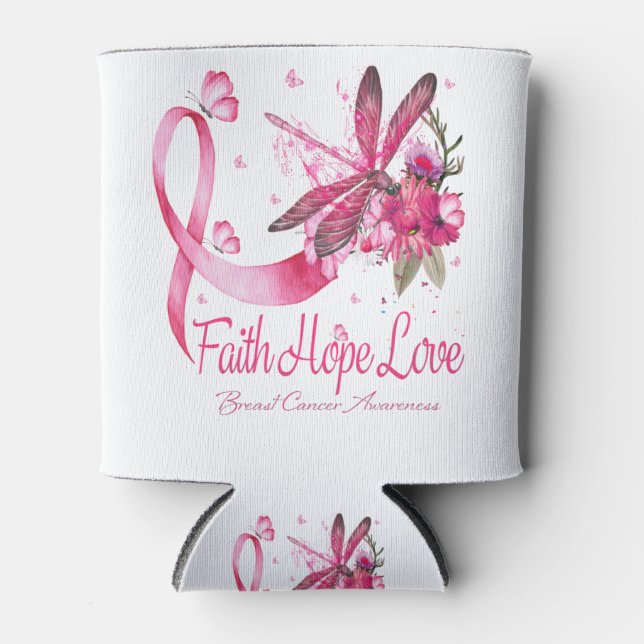 Faith Hope Love Dragonfly Ribbon Breast Cancer Can Cooler (Front)