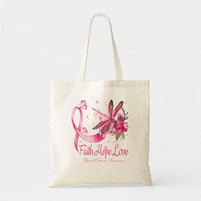 Faith Hope Love Dragonfly Ribbon Breast Cancer Tote Bag (Front)