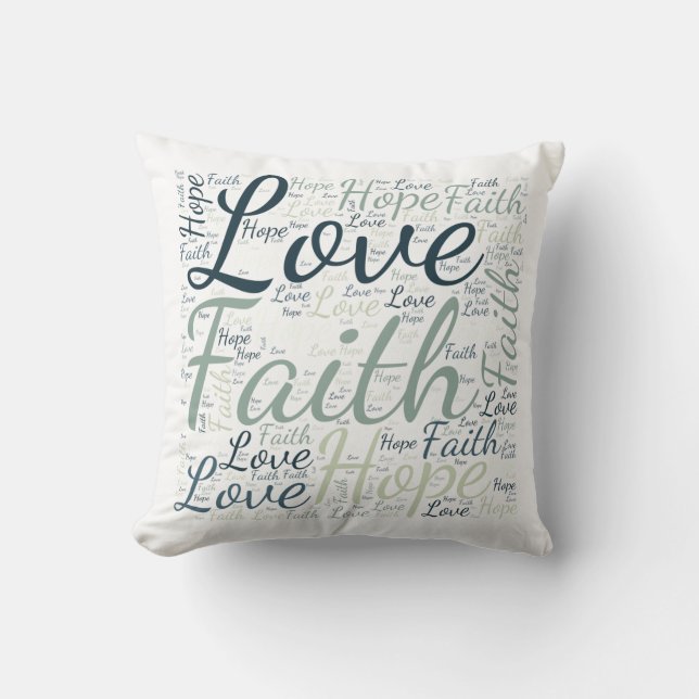 Faith Hope Love Green Blue Word Cloud Cushion (Front)