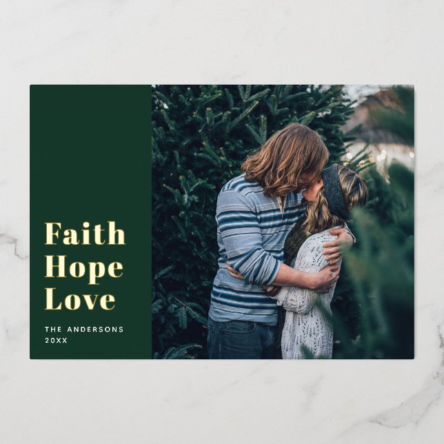 Faith Hope Love. Green gold Christmas religious Foil Holiday Card (Front)