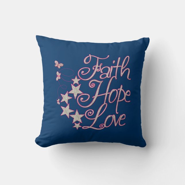 Faith Hope Love Hot Pink Grey Navy Blue Cushion (Front)