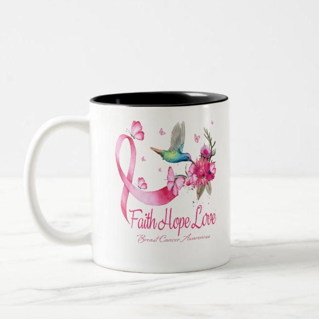 Faith Hope Love Hummingbird Ribbon Breast Cancer Two-Tone Coffee Mug (Left)