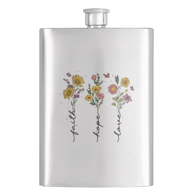 "Faith-Hope-Love" | Inspiring Floral Design Hip Flask (Front)