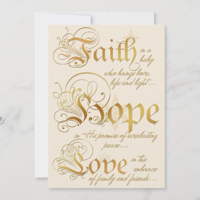 Faith, Hope, Love Ivory, Gold Photo Christmas Card (Front)
