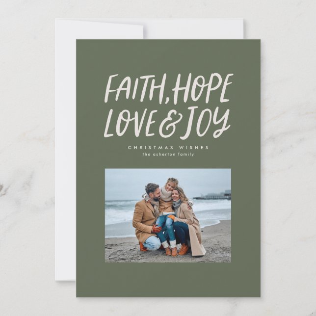 Faith hope love joy green Christmas photo Holiday Card (Front)