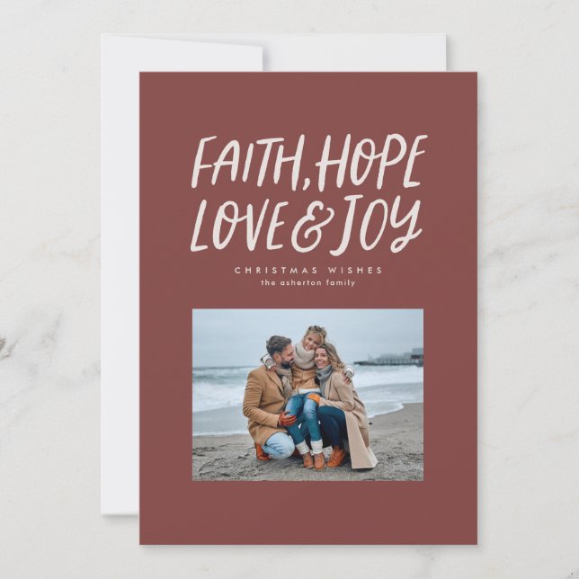 Faith hope love joy maroon Christmas photo Holiday Card (Front)