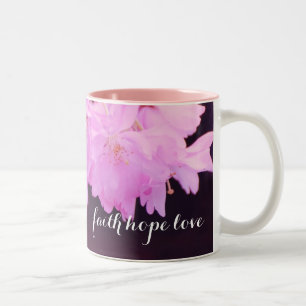 Faith Hope Love Monogram Name Pink Cherry Blossom Two-Tone Coffee Mug