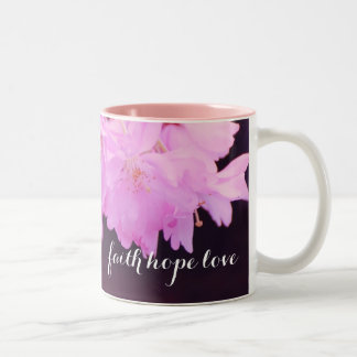 Faith Hope Love Monogram Name Pink Cherry Blossom Two-Tone Coffee Mug