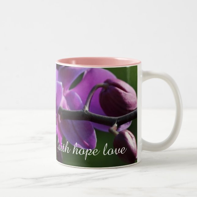 Faith Hope Love Monogram Name Pink Orchid Blossoms Two-Tone Coffee Mug (Right)